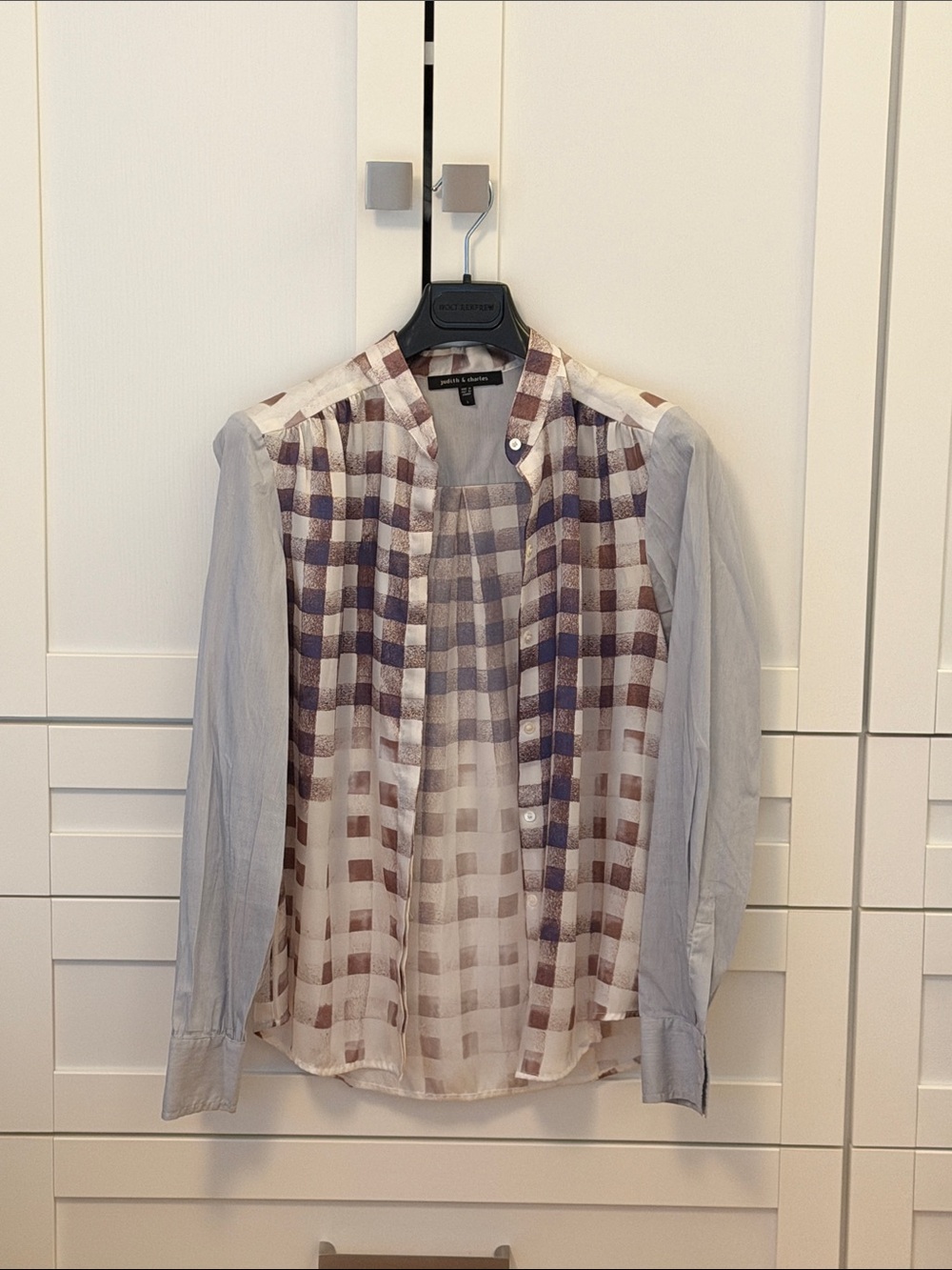 Plaid Sheer Silk Button Front Blouse in Beige, Brown & Gray